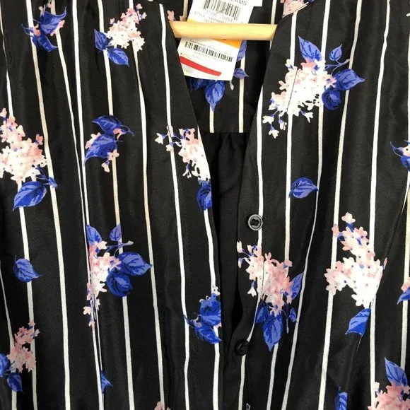 Maison Jules Dress S Striped Floral Black Shirtdress Above Knee Long Sleeve - Picture 5 of 12